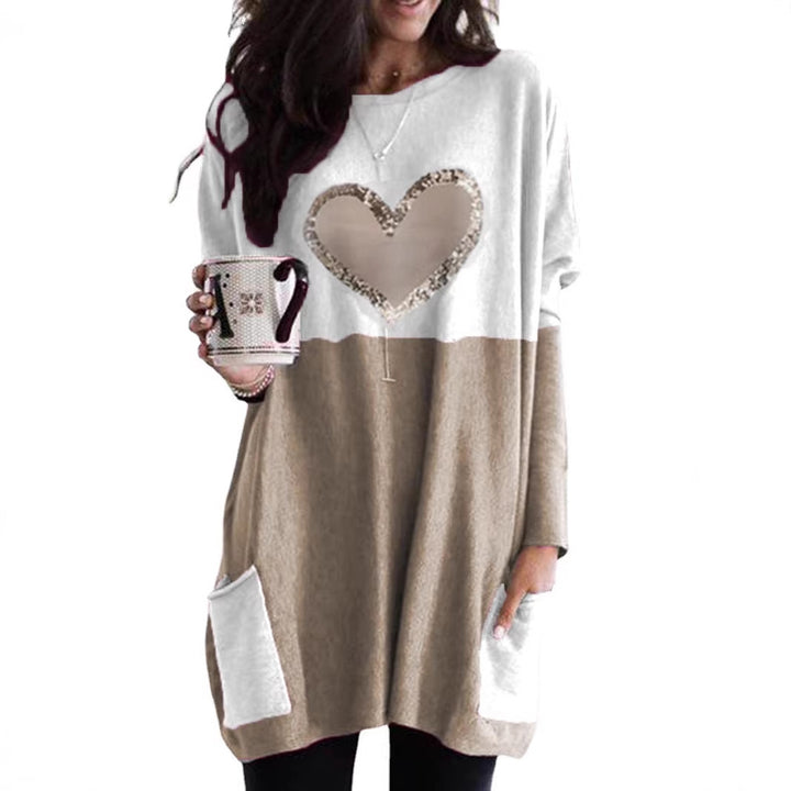 Women's Oversized Long Sweater Tunic with Sequin Heart and Patch Pockets Mune Fashion