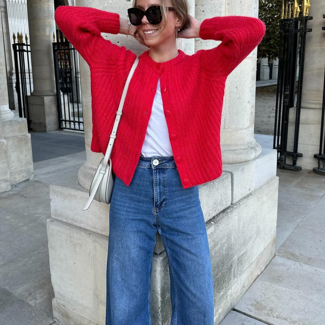 Women chunky knitted raglan cardigan with balloon sleeves and full button placket Mune Fashion