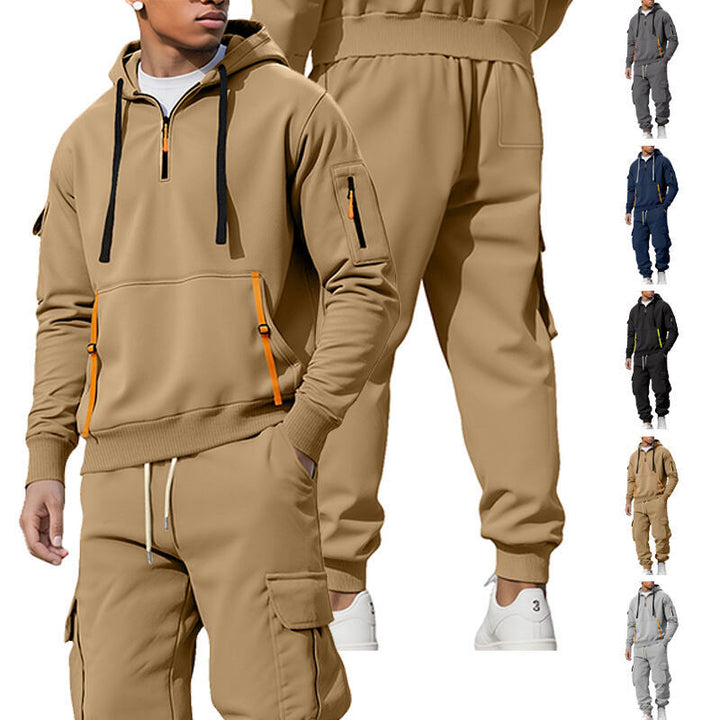 Men's casual half-zip hoodie with kangaroo pocket and cargo jogging pants with zipper details Mune Fashion