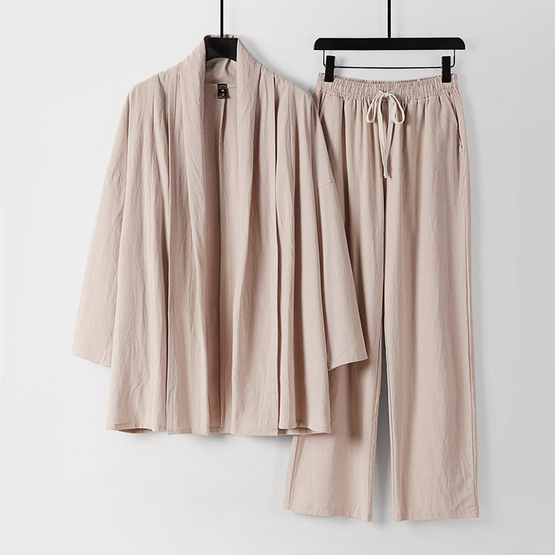 Unisex Casual Kimono Two-Piece Set made of breathable linen-viscose with open shawl collar and drawstring pants Mune Fashion