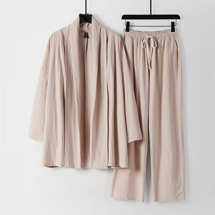Unisex Casual Kimono Two-Piece Set made of breathable linen-viscose with open shawl collar and drawstring pants Mune Fashion