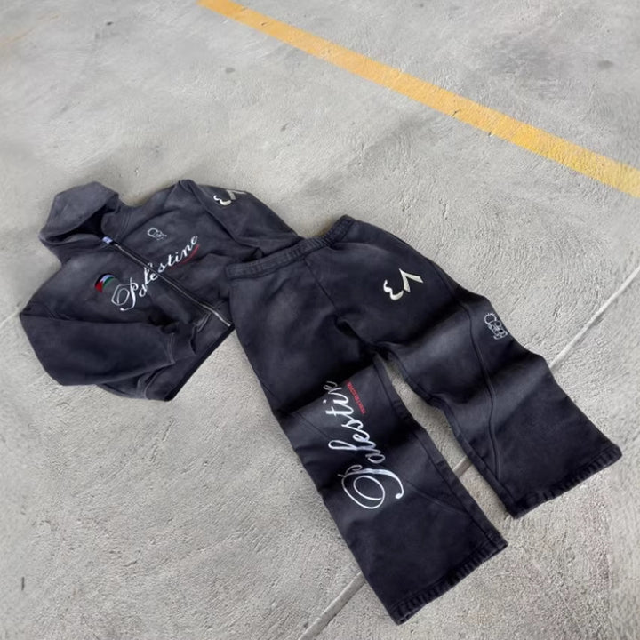 Unisex nan Oversize Hoodie Set in Vintage Look with zipper, expressive embroidery and wide sweatpants Mune Fashion