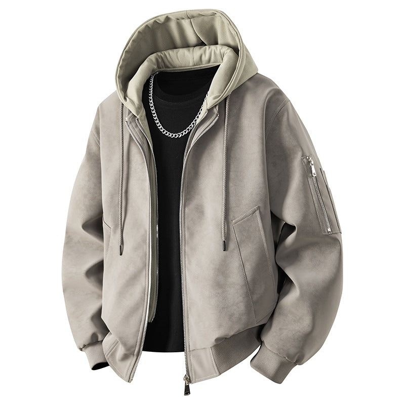 Men's velvet imitation transitional bomber-style jacket with stand-up collar, press stud fastening & elastic cuffs.