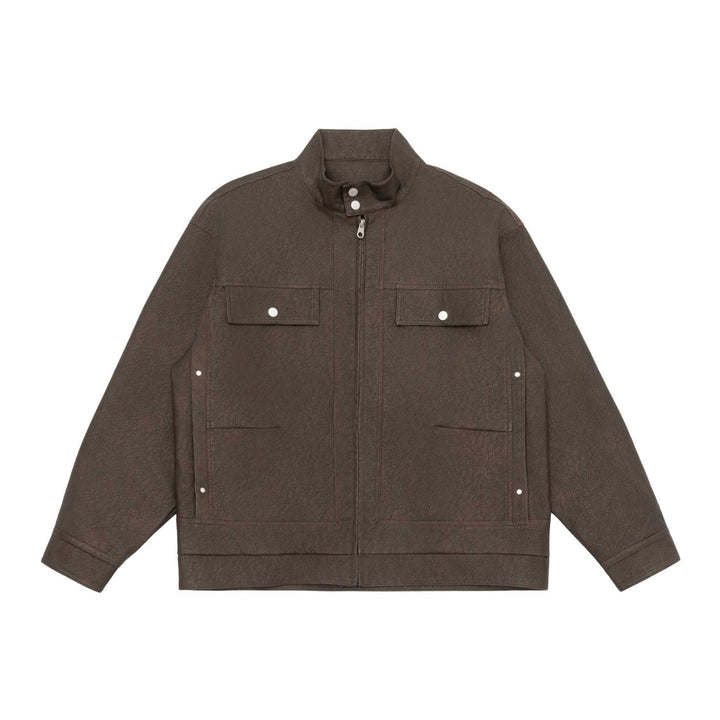 Unisex Boxy-Faux Leather Blouson Jacket with Stand Collar and Flap Pockets Mune Fashion