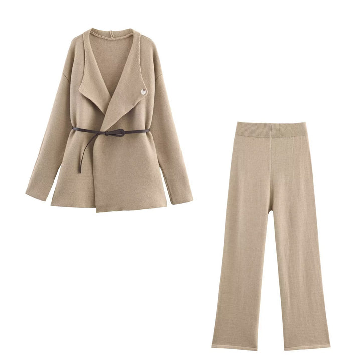 Women's Two-Piece Fine Knit Set with Shawl Collar Cardigan and High-Waist Wide Leg Pants Mune Fashion