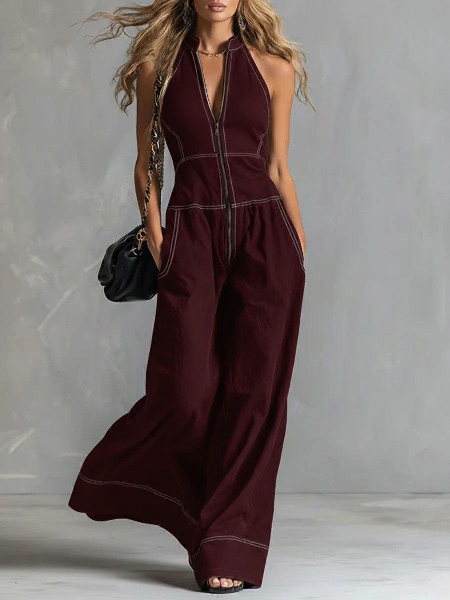 Women's Sleeveless Halter Jumpsuit with Zipper, Wide Leg and Side Pockets Mune Fashion