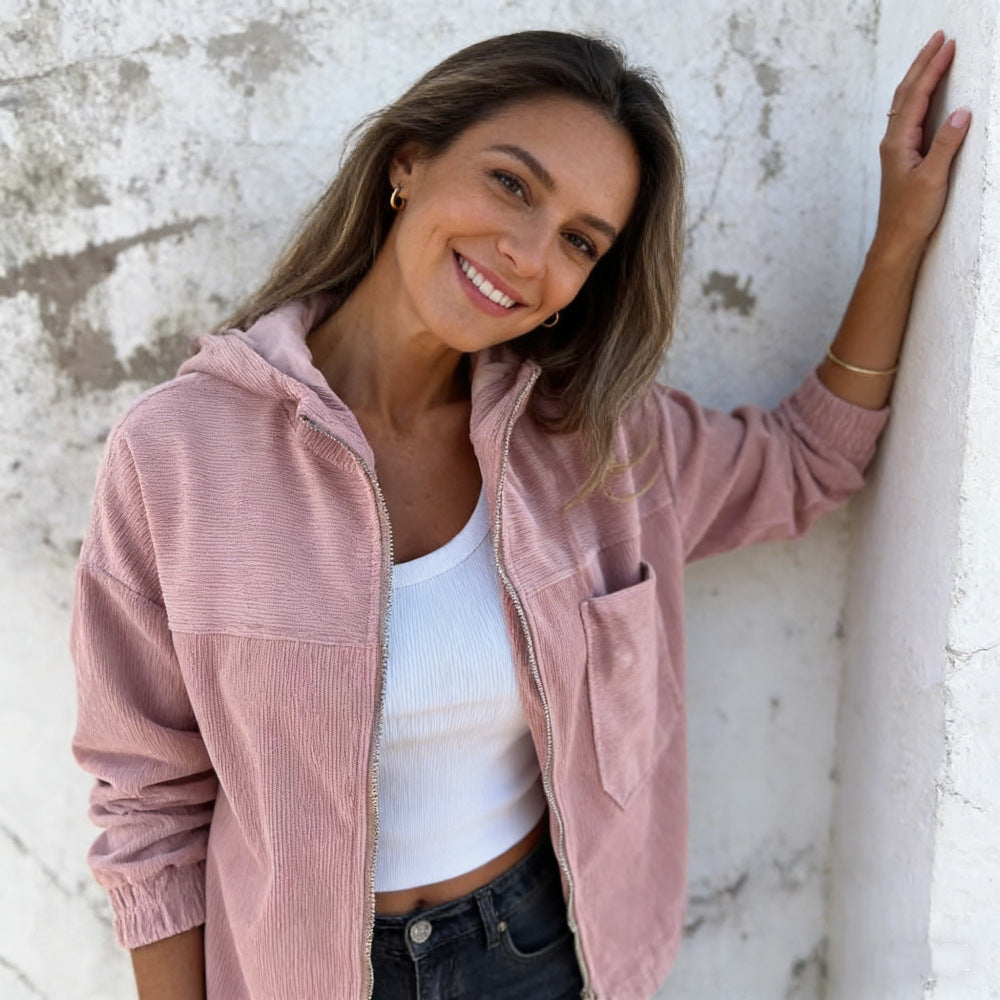 Women's fine corduroy transitional jacket with hood, zipper, elastic cuffs, and side insert pockets Mune Fashion