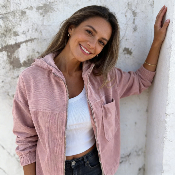 Women's fine corduroy transitional jacket with hood, zipper, elastic cuffs, and side insert pockets Mune Fashion