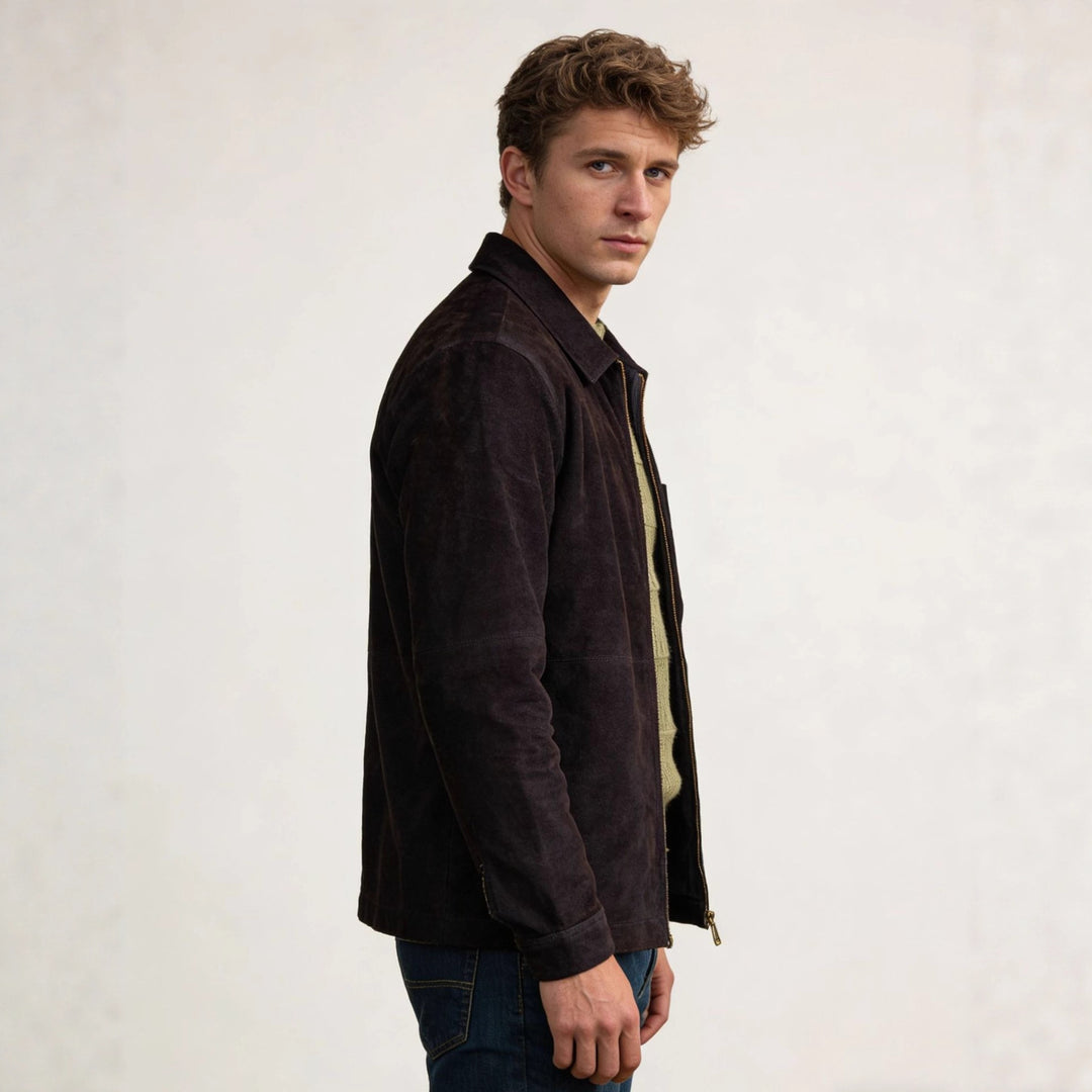 Men's suede jacket with zipper and shirt collar Mune Fashion