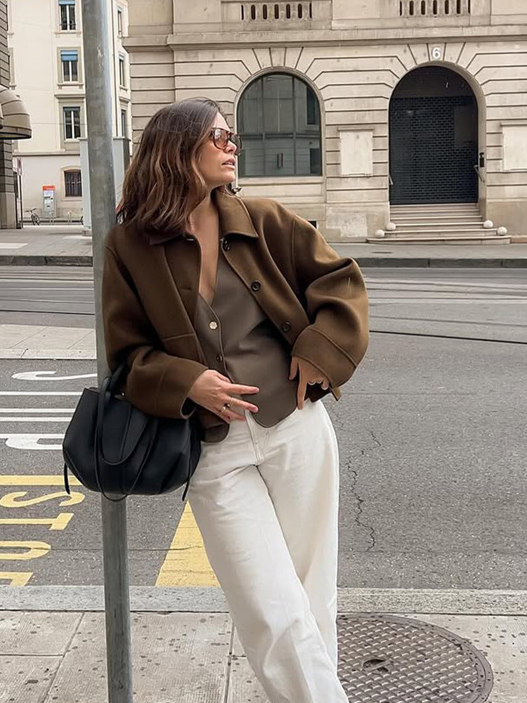 Women Short Wool Blend Blazer with Boxy Silhouette and Extra Long Sleeves Mune Fashion