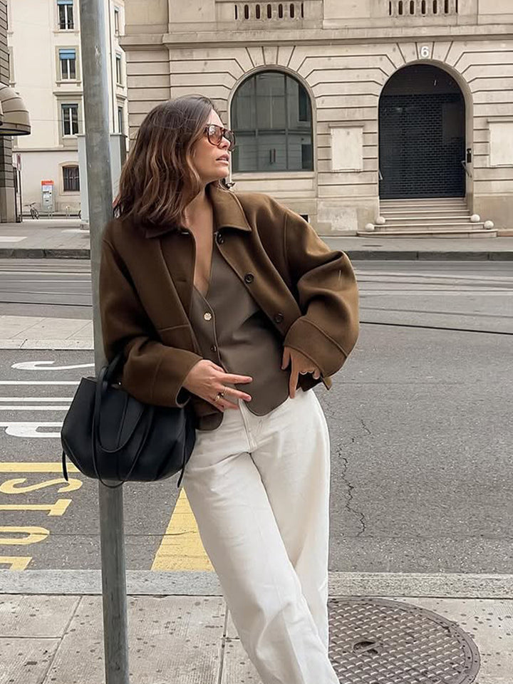 Women Short Wool Blend Blazer with Boxy Silhouette and Extra Long Sleeves Mune Fashion