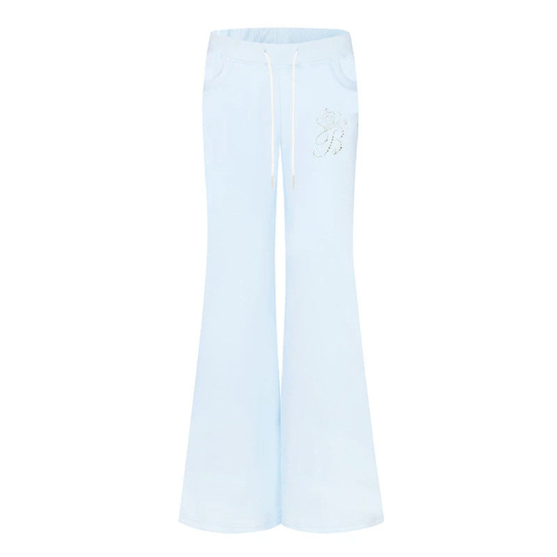 Women Flared Lounge Pants with High Comfort Waistband, Drawstring and Rhinestone Logo Mune Fashion