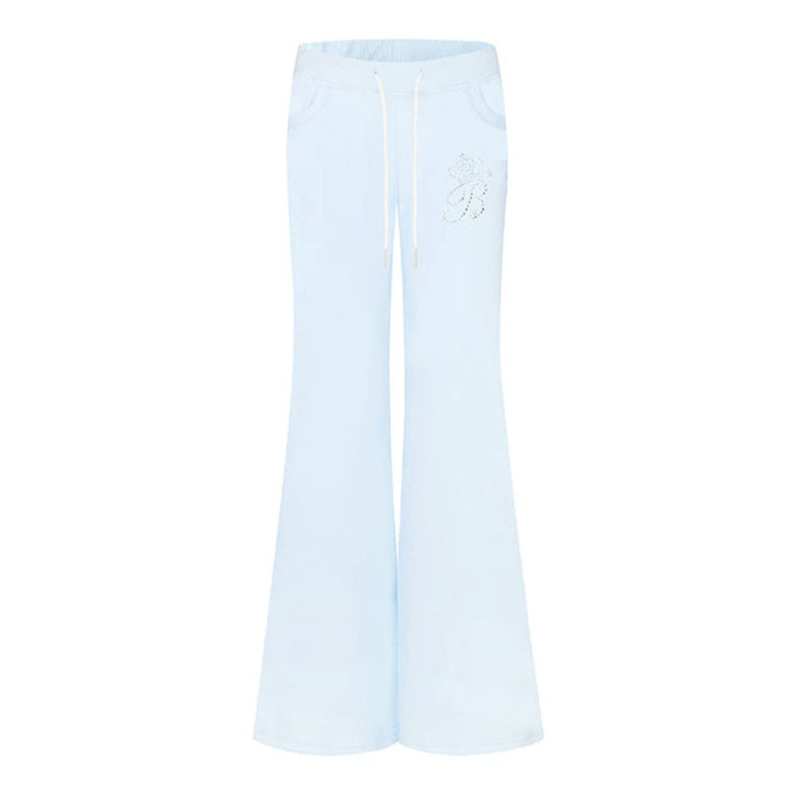 Women Flared Lounge Pants with High Comfort Waistband, Drawstring and Rhinestone Logo Mune Fashion