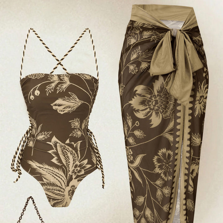 Ladies Elegant Floral Swimsuit with Matching Wrap Skirt Mune Fashion