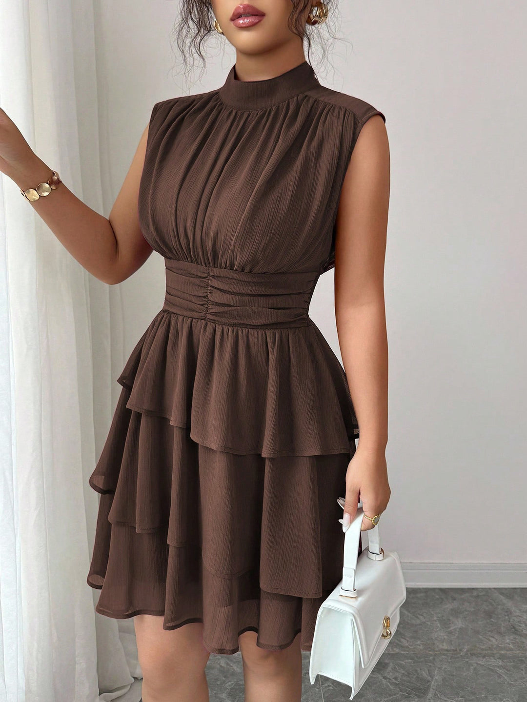 Women Sleeveless Chiffon Layered Dress with Stand Collar and Tailored Ruffle Mune Fashion