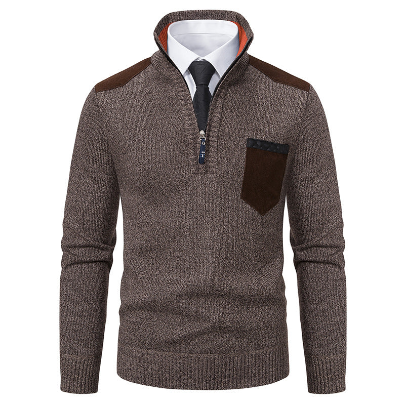 Men's fine knit half-zip pullover with stand-up collar, chest pocket and shoulder yoke Mune Fashion