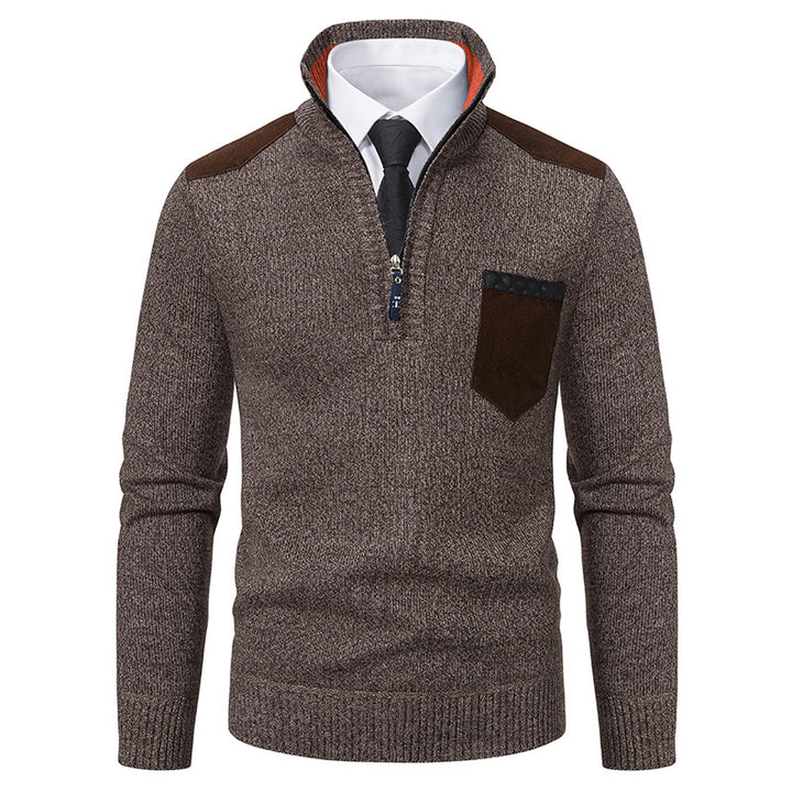 Men's fine knit half-zip pullover with stand-up collar, chest pocket and shoulder yoke Mune Fashion