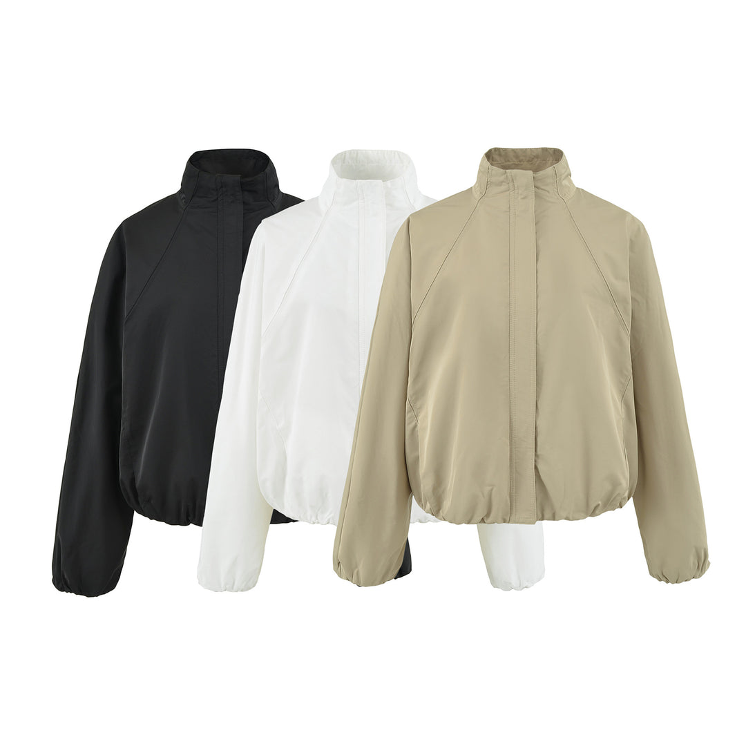 Women's Lightweight Rain and Wind Jacket with Stand Collar, Concealed Zipper and Elastic Hem Mune Fashion
