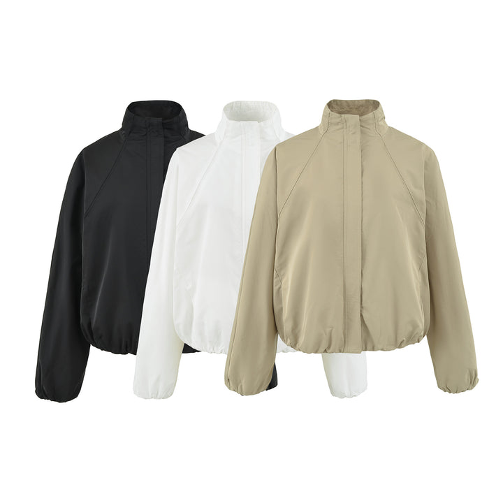 Women's Lightweight Rain and Wind Jacket with Stand Collar, Concealed Zipper and Elastic Hem Mune Fashion