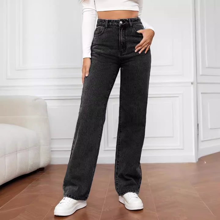 Women's high-waisted wide denim jeans with straight leg and elastic waistband Mune Fashion