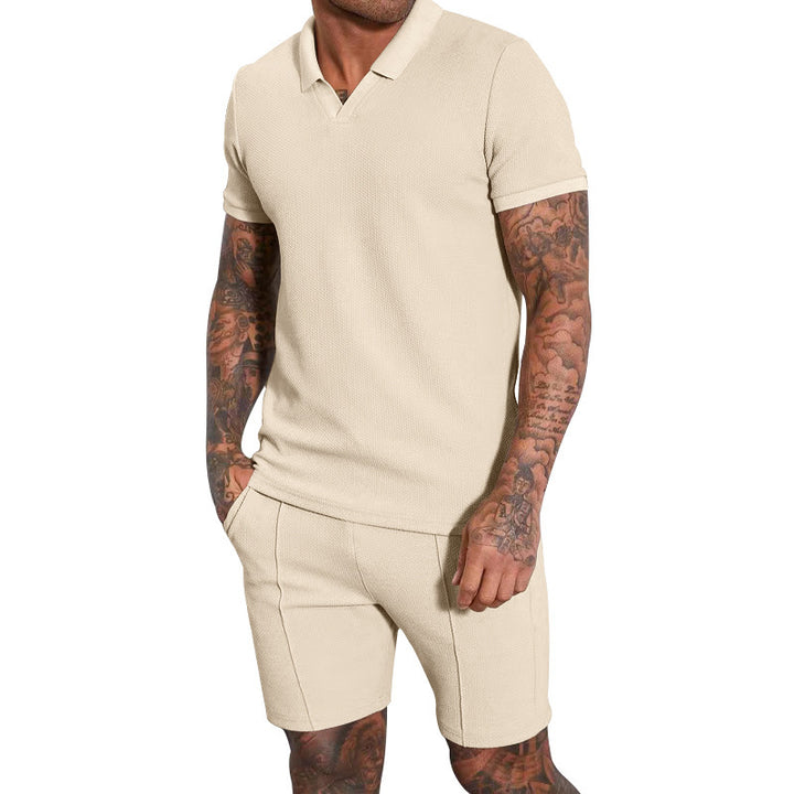 Men's short-sleeved half-collar knit set with fine waffle structure and straight-cut shorts Mune Fashion