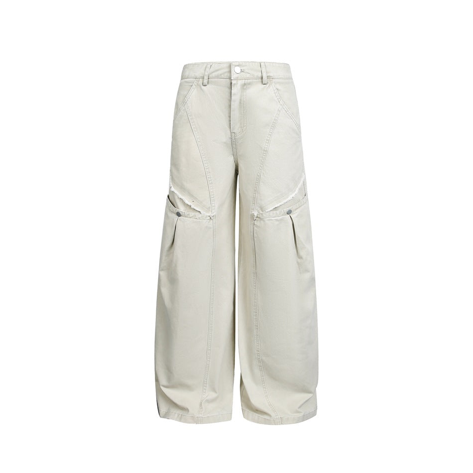 Women's Wide High-Waist Cargo Pants in Vintage Workwear Look with Patch Pockets and Fringe Details Mune Fashion