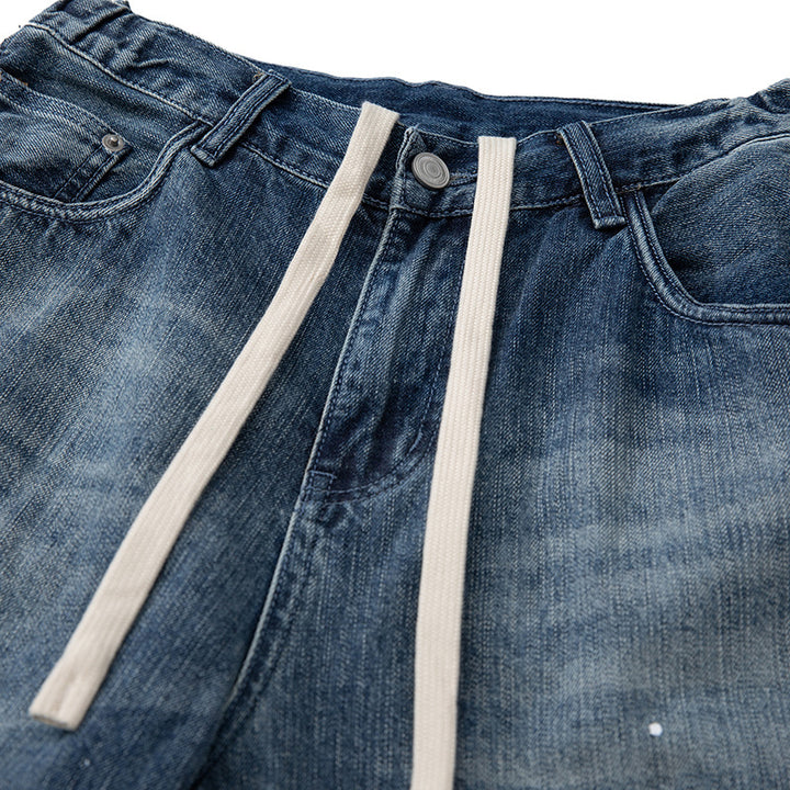 Women's Loose-Fit High-Waist Jeans with Drawstring, Color-Splatter and Vintage Wash Mune Fashion