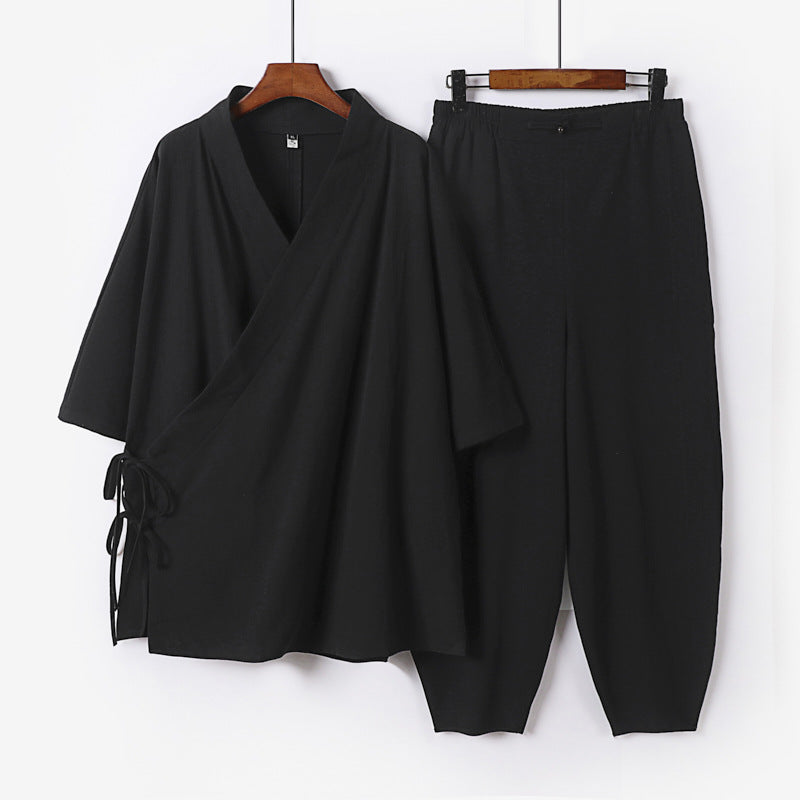 Unisex Lightweight Wrap Lounge Set in Kimono Style with Side Ties and Elastic Tapered Pants Mune Fashion