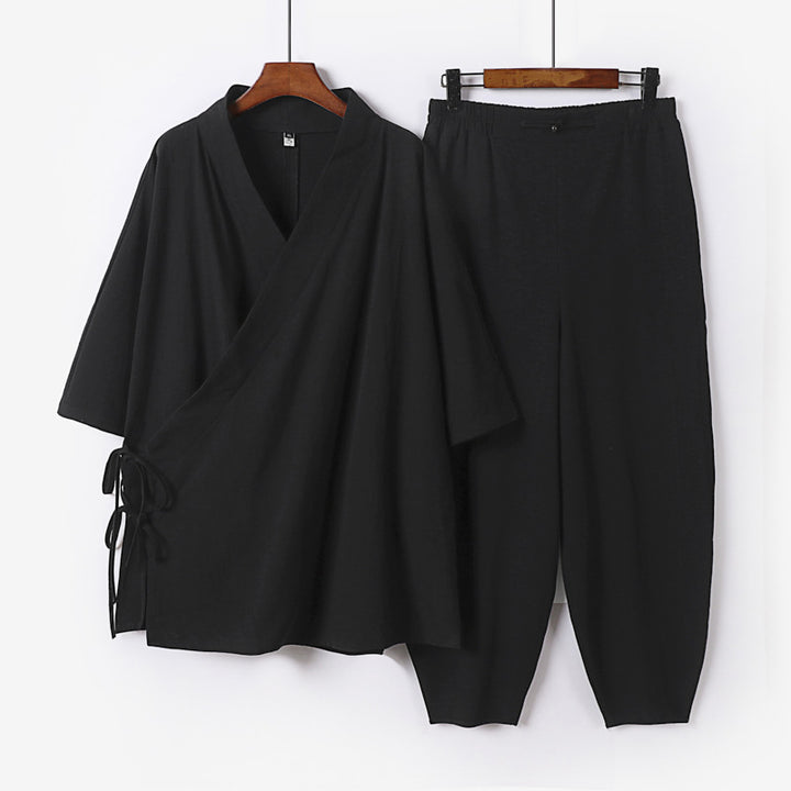 Unisex Lightweight Wrap Lounge Set in Kimono Style with Side Ties and Elastic Tapered Pants Mune Fashion