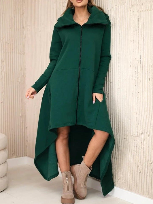 Women's nan asymmetrical sweatshirt dress with high stand-up collar, full-length zipper and extended back hem Mune Fashion
