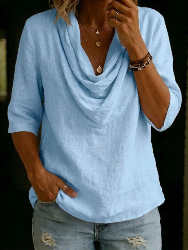 Women's airy linen blouse with draped waterfall collar, loose silhouette, and three-quarter sleeves Mune Fashion