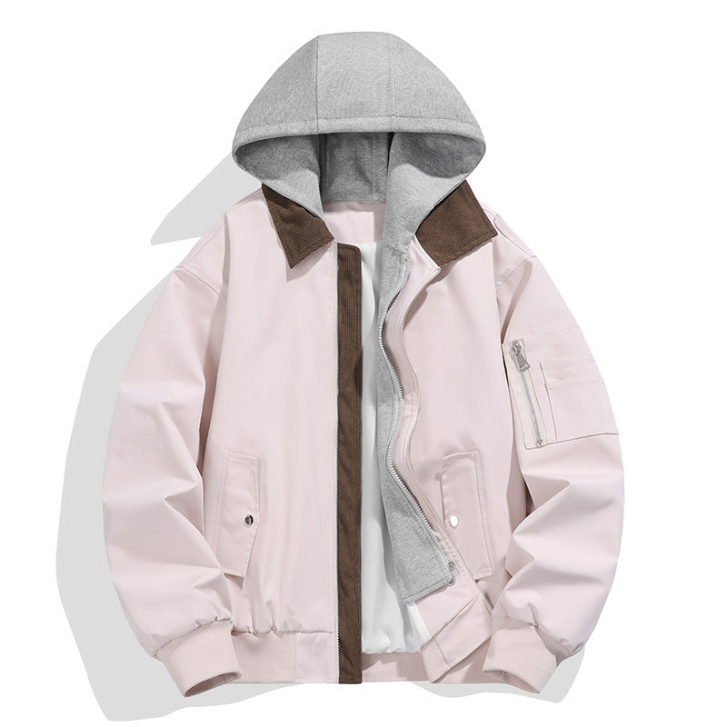 Men's casual leisure bomber jacket with内置 hood layer and cord stand collar Mune Fashion