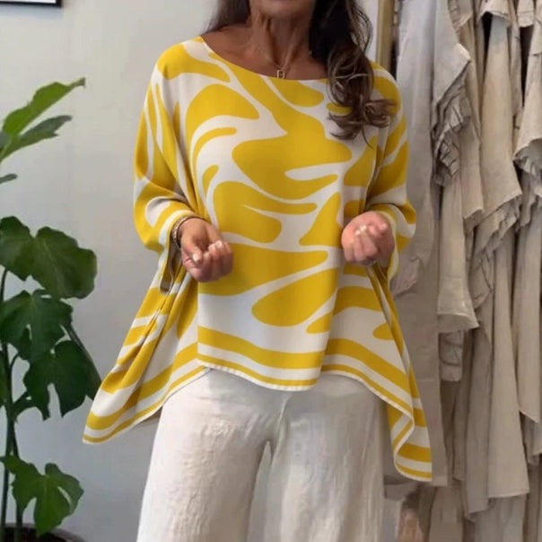 Women Oversize Summer Blouse with Abstract Print, Batwing Sleeves and Asymmetric Hem