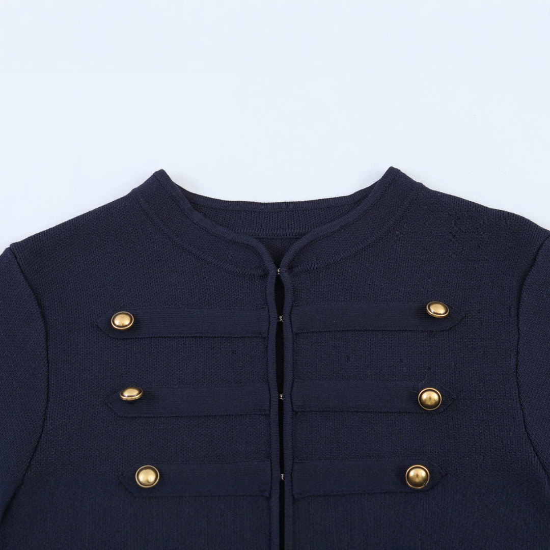 Women Military Inspired Short Jacket with Gold Decorative Button Placket Mune Fashion