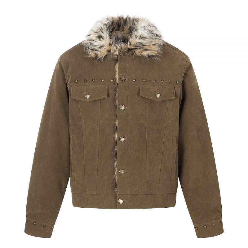 Men's short jacket made of suede leather imitation with faux fur collar and stud details Mune Fashion