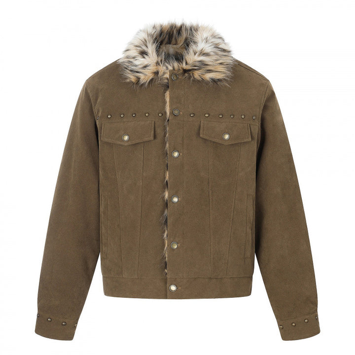 Men's short jacket made of suede leather imitation with faux fur collar and stud details Mune Fashion