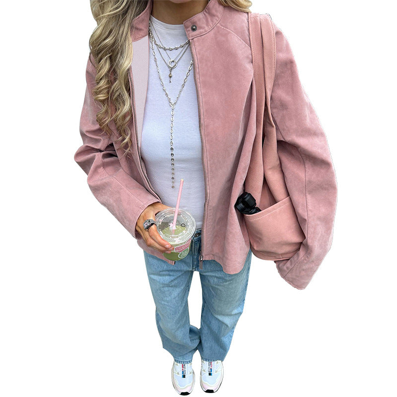 Women's Oversized Canvas Transition Jacket with Stand-Up Collar, Zipper, and Large Patch Pockets