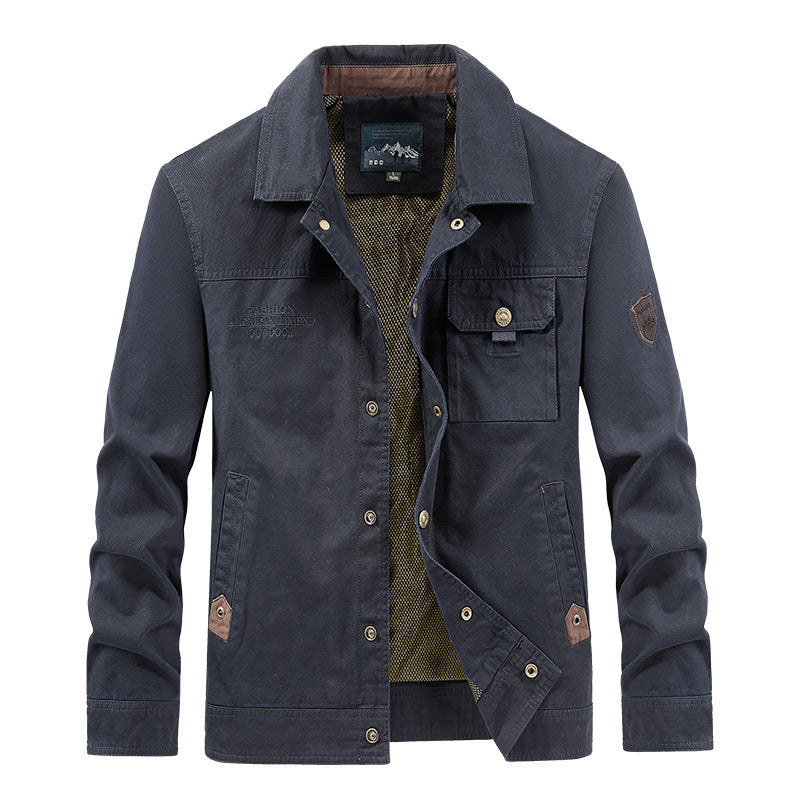 Men's lightweight canvas field jacket with chest flap, breathable mesh lining, and multiple pockets.
