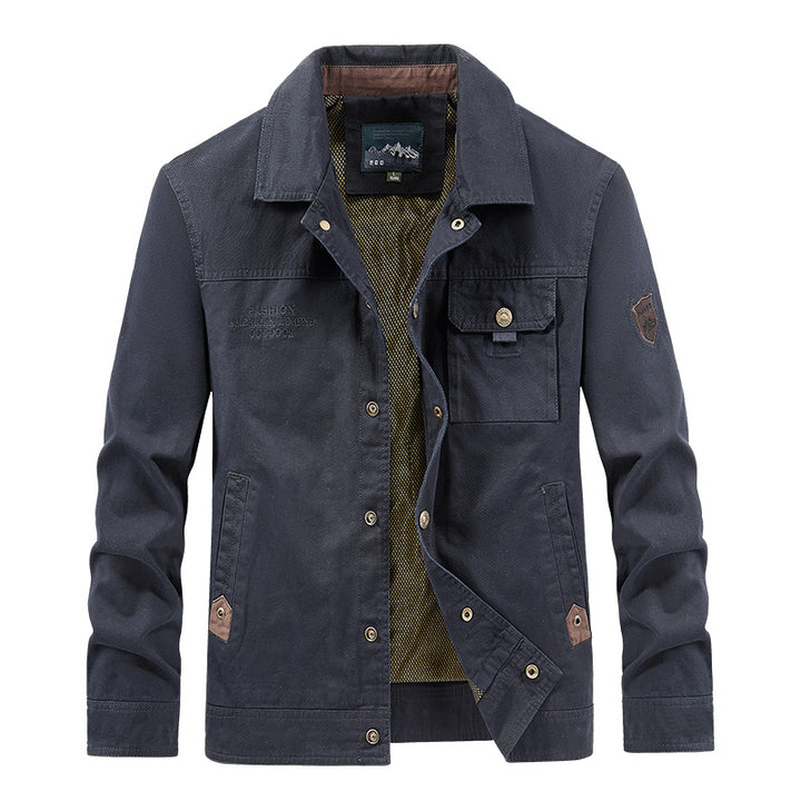 Men's lightweight canvas field jacket with chest flap, breathable mesh lining, and multiple pockets.