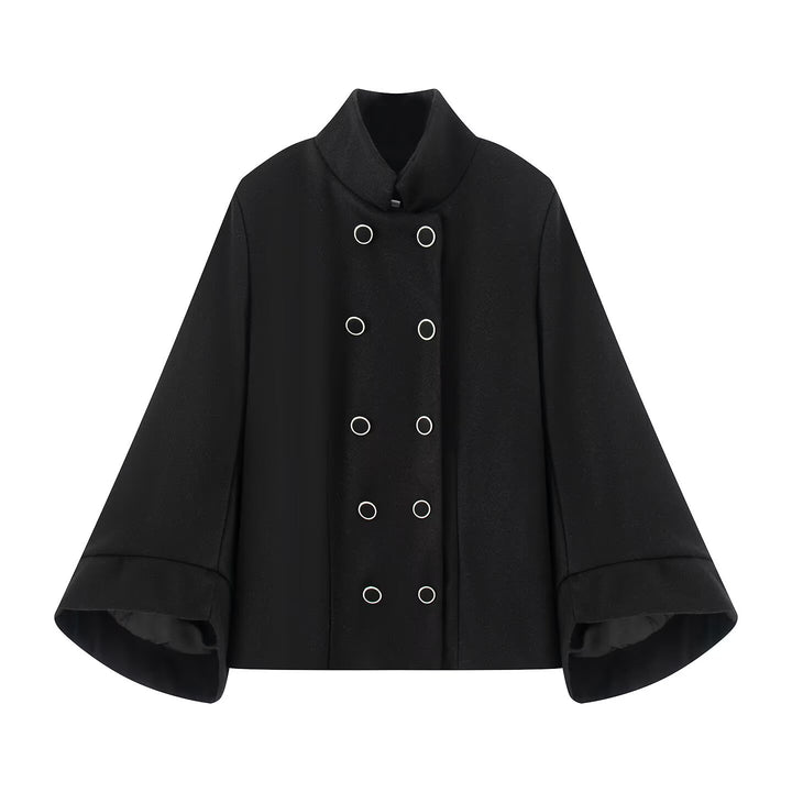 Women's Short Double-Breasted Wool Blend Coat with Stand Collar, Bell Sleeves and Metal Buttons Drune