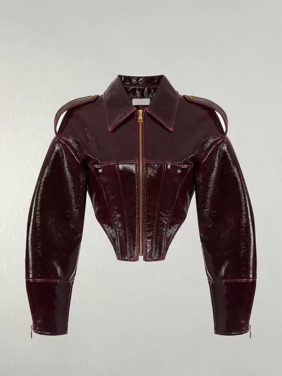 women's short-cut faux patent leather blouson with tailored corset cut Mune Fashion