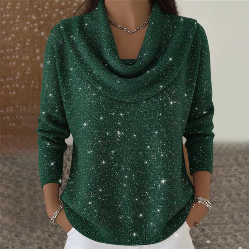Women's shimmering knit sweater with waterfall collar, fine glitter structure and slim hem Mune Fashion