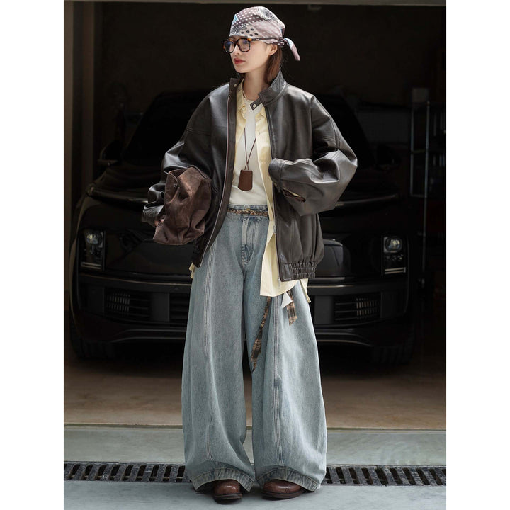 Women's Oversized Leather Bomber Jacket with Stand-up Collar, Concealed Zipper and Gathered Hem Mune Fashion