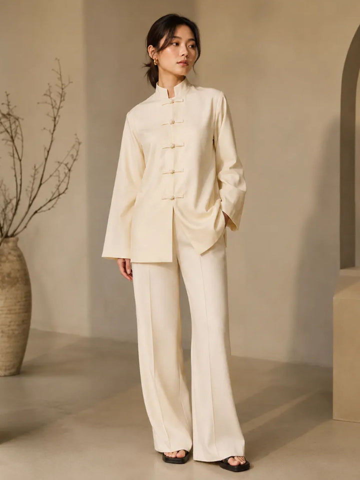 Women's Mandarin Collar Tunic Jacket with Knot Closures and Wide Palazzo Pants Mune Fashion
