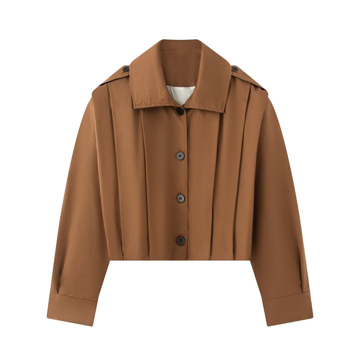 Women's Short Oversized Trench Coat in Cropped Cut with Epaulettes and Pleated Sleeves Mune Fashion