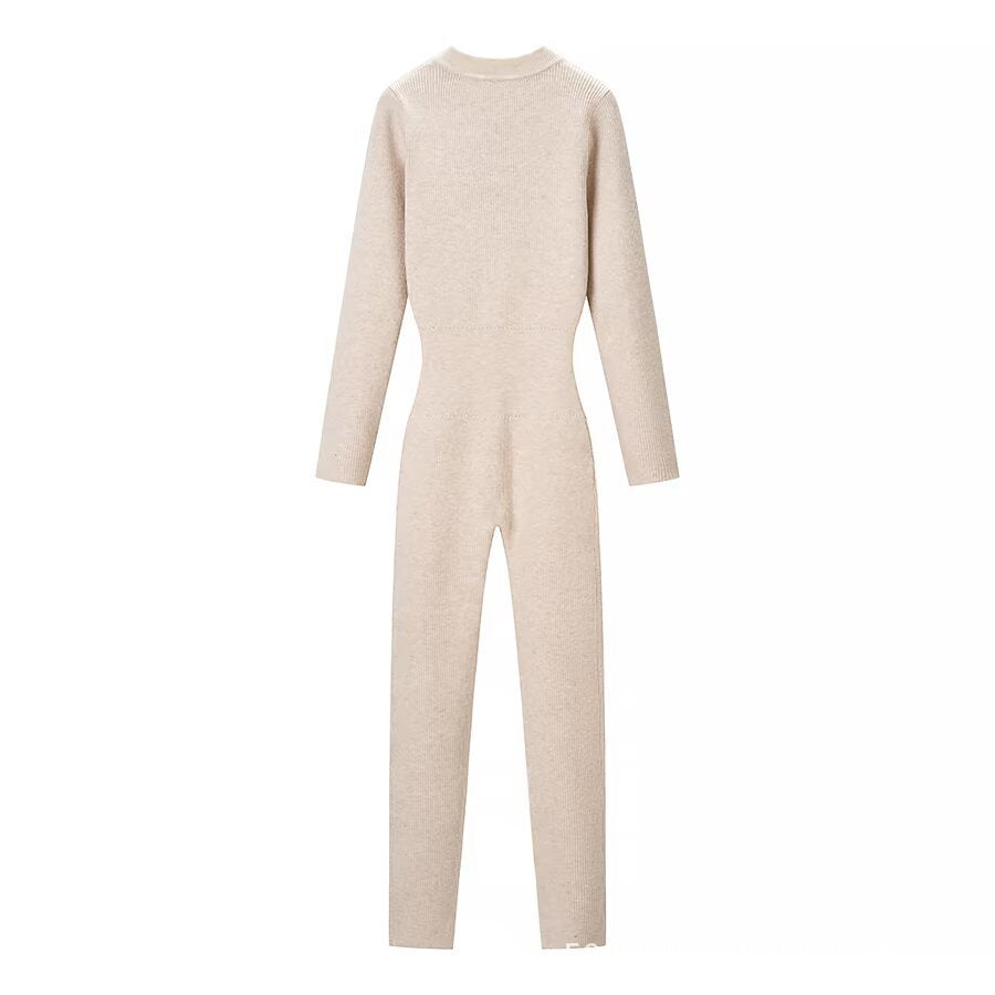 Women's figure-hugging knitted overall with stand-up collar and front zipper Mune Fashion
