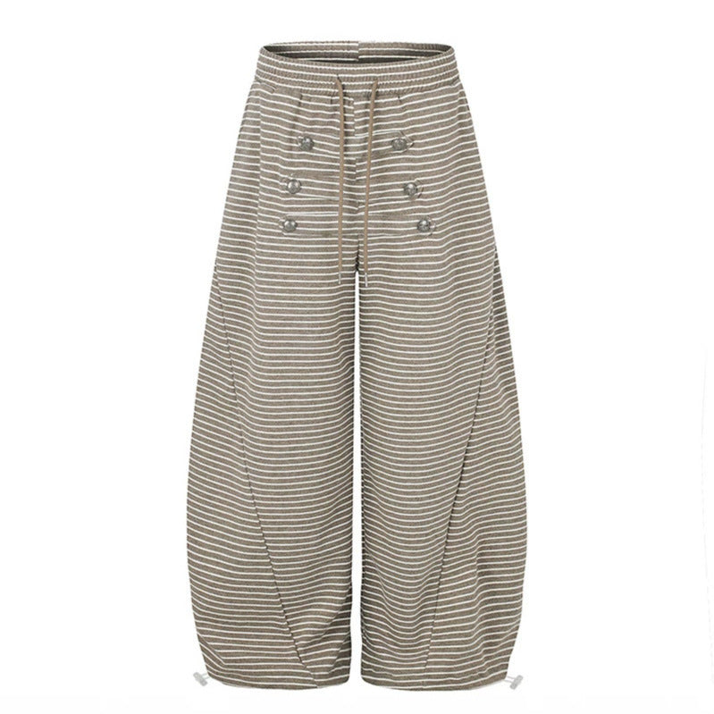 Women's Wide Palazzo Culotte Sweatpants with Drawstring Waistband and Decorative Button Placket Mune Fashion