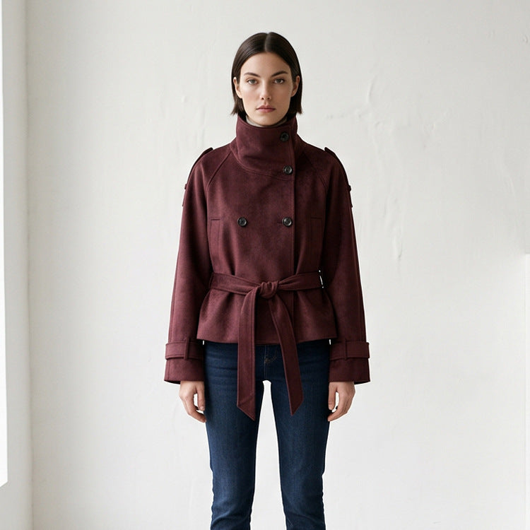 Women's Tailored Short Jacket in Suede Look with Double Breasted and Stand-Up Collar Mune Fashion