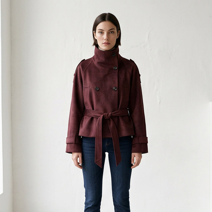 Women's Tailored Short Jacket in Suede Look with Double Breasted and Stand-Up Collar Mune Fashion