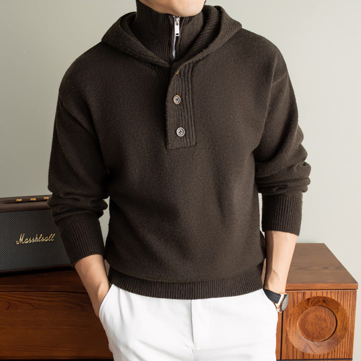 Men's fine knit hooded pullover with half zipper and button placket Mune Fashion